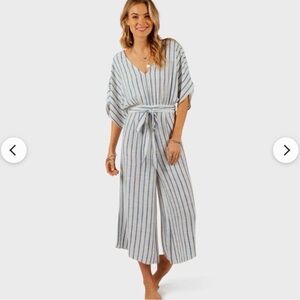 Ripcurl Striped V-Neck Wide-Leg Jumpsuit with Tie Waist - Blue/White